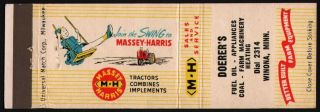 Vintage Matchbook Cover Massey Harris M - H Tractor And Girl Doerers Winona Minn