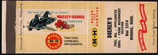 Vintage Matchbook Cover Massey Harris Combines Tractors Doerers Winona Minnesota