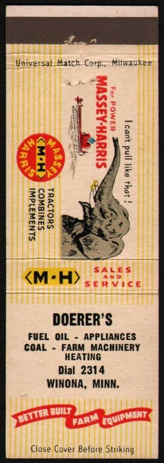 Vintage Matchbook Cover Massey Harris M - H Tractor Elephant Doerers Winona Minn