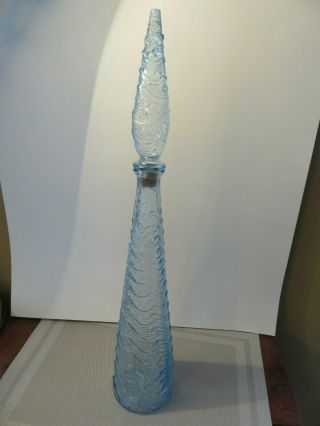 Vintage Ice Blue Wavy Genie Bottle 22 Inches High Mcm Wine Decanter Italy