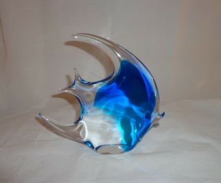 Vintage Blown Art Glass Sculpture Of Blue & Crystal Clear Fish