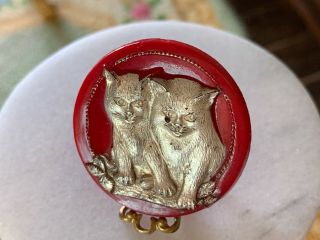 Antique Miniature Dollhouse Wall Decor Sterling Silver Sculpted Cats Red Glass