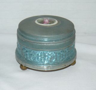 Vintage Metal Musical Powder Box No Puff Teal Color Courting Couple