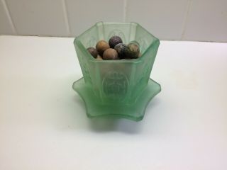 Unique Vintage 6 Sided Frosted Green Glass Dish - With 34 Antique Marbles