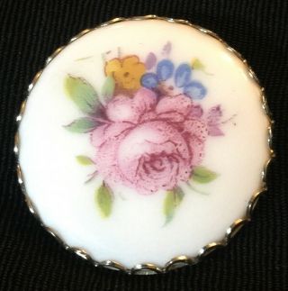 Vtg Hand Painted Porcelain Brooch Pin Flowers Floral Pink Circle Gold Tone 1.  25”
