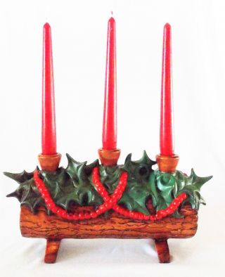 Vtg Christmas Centerpiece Ceramic Yule Log Candle Holder Atlantic Mold