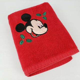 Vtg Walt Disney Mickey Mouse Red Bath Towel Christmas Holly Berry 40  X 25