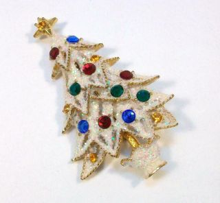 10 Vtg Signed " Eisenberg Ice " Rhinestone & Glitter Christmas Tree Pin Brooch