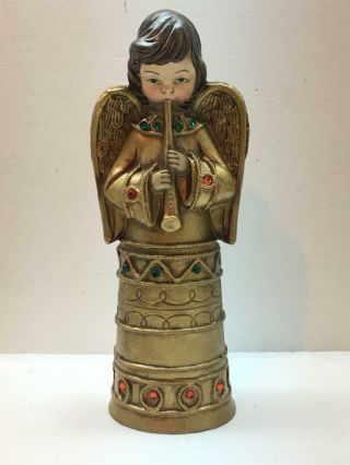 Vintage Christmas Angel Blowing Horn Instrument Jeweled Robe " Paper Mache