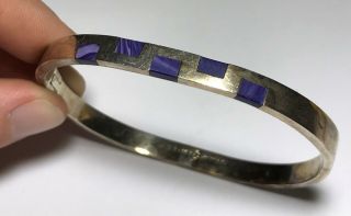 Vintage Sterling Silver Inlaid Stone Taxco Mexico Hinged Cuff Bangle Bracelet