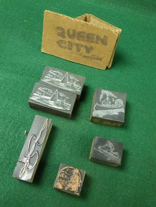6 Vintage Letterpress Printing Blocks 1950s Fishing/sailboat/canoe/hunting/snow