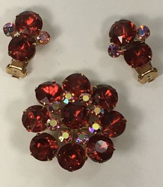 Vintage High End Large Deep Red Pink Ab Rhinestone Brooch Pin Clip Earrings Set