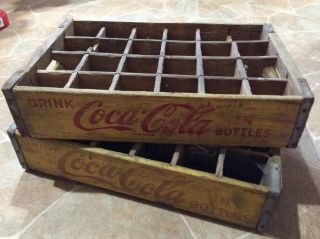 Two (2) Vintage Coca Cola Yellow Wooden 24 Bottle Crates 1969 Old
