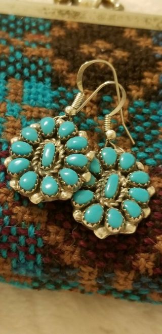 Vtg Old Pawn NAVAJO Cluster MORENCI TURQUOISE Sterling Silver Clip - On EARRINGS 2