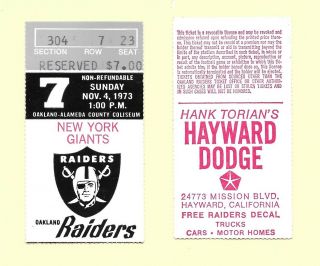 1973 Oakland Raiders Vs York Giants Ticket Stub At The Oakland Coliseum