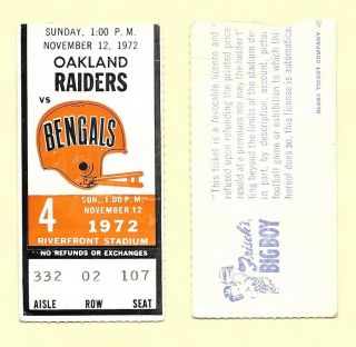 1972 Oakland Raiders Vs Cincinnati Bengals Ticket Stub At Riverfront Stadium