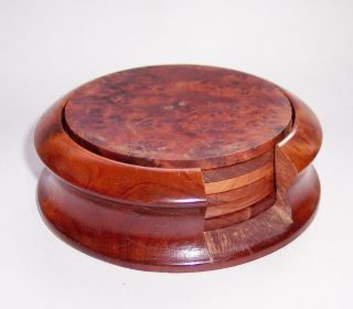 Vintage Art Deco Style Burr/burl Wood 6 Wooden Coasters & Holder