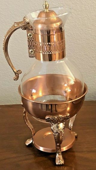 Vintage Copper And Glass Coffee Carafe Pot With Warmer Stand
