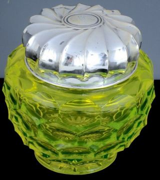 Large 1890 Victorian Sterling Silver Vaseline Glass Dresser Vanity Jar