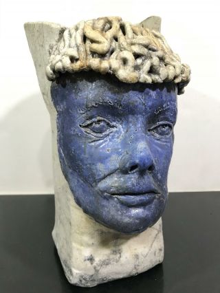 Vtg Realistic Blue Face Of A Man Mystery Folk Art Sculpture Statue Pottery Vase