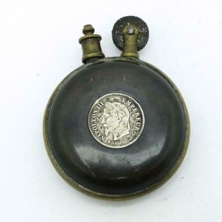 Vintage French Brass & Bronze Wwi Trench Lighter With Silver Napoleon Iii Coins