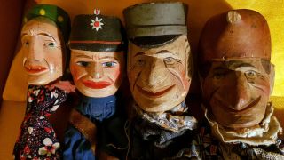 4 Antique Punch And Judy Wooden Carved Heads Marionnette Hand Puppets