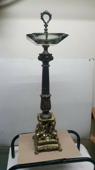 Vintage Brass Floor Ashtray Heavy Stand With Cherub Base 29” Tall