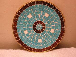 Vintage Mid Century Modern Mosaic Tile Wall Plate Plaque Dish Turquois/gold 12 "