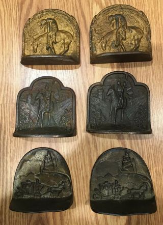 3 Pairs Of Vintage Antique Cast Iron Riding Horse Theme Bookends