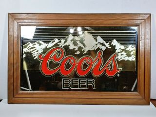 Vintage 1986 Coors Beer Mirror Sign Wood Framed 27 1/2 " X 17 1/2 " Man Cave Bar