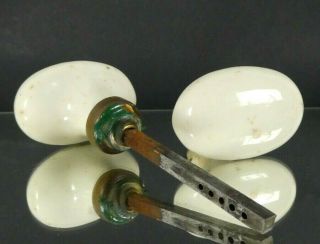 Vintage French White Porcelain Door Knob Handle Oval Pair Reclaimed Old Antique