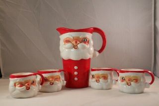 Vintage Holt Howard Winking Santa Claus Pitcher & 4 Mugs Christmas 1964 Japan