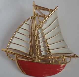 Big Vintage Trifari Gold Plate Red White Enamel Sailing Ship Brooch
