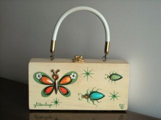 Enid Collins Box Bag " Glitterbugs " Blond Wood Plastic Jewels