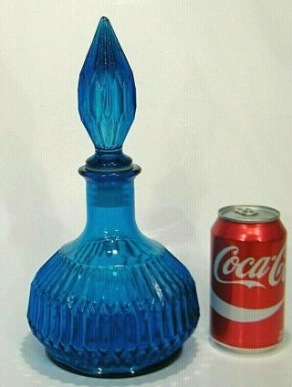 Mid Century Vtg Geometric 12 " Blue Optic Art Glass Bottle Decanter Italy Empoli
