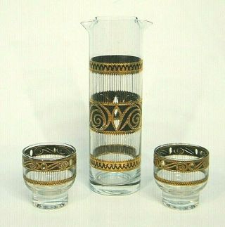 Mid Century Vtg Culver Black Gold Scroll Cocktail Glasses & Decanter Pitcher Set