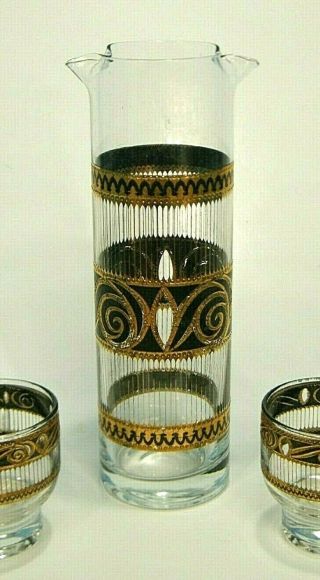 MiD CENTURY VtG CULVER BLACK GOLD SCROLL COCKTAiL GLASSES & DECANTER PiTCHER SET 2