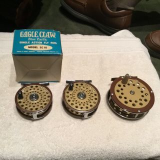 3 Mid - Century Vintage Wright Mcgill Eagle Claw Fly Reels Large & Small