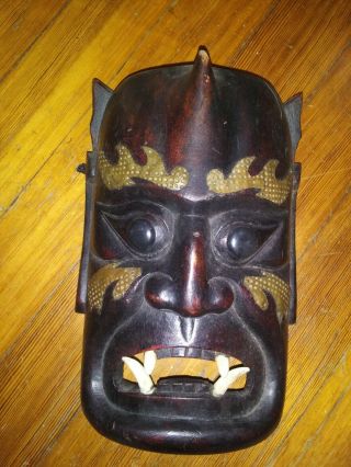 Vintage Japanese Oni Demon Mask Hand Carved Wood Devil With Fangs