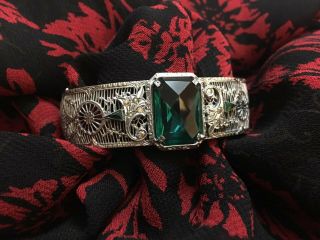 Antique 1920 ' s emerald like Art Deco Rhodium Plated Filigree Bangle Bracelet JHP 2