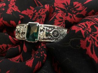 Antique 1920 ' s emerald like Art Deco Rhodium Plated Filigree Bangle Bracelet JHP 3