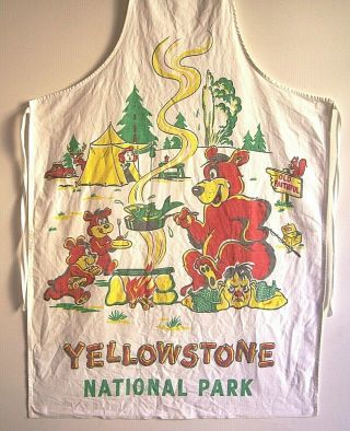 Vintage Yellowstone Park Apron Bears Camping Cooking Sitting On Man Old Faithful