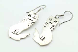Cute Vintage Cat Dangle Earrings In Sterling Silver From Taxco Mexico
