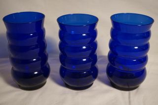 3 Vintage Louie Glass Co Cobalt Blue Ribbed 5 1/4 " Tumblers Harpo Marx Pattern