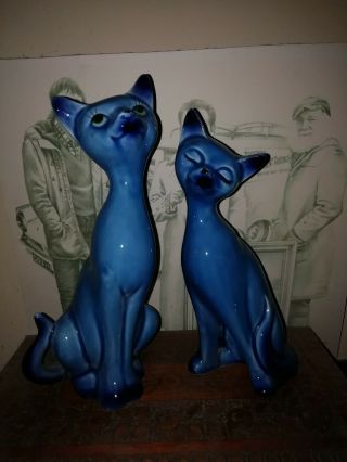 Vintage Kitsch Ceramic Blue Cat Statue Firgurines 1950s 1960s