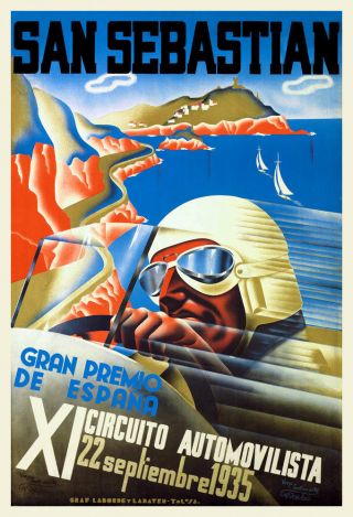 Art Deco 1930s Vintage Motor Racing Poster San Sebastian Spanish Grand Prix 1935