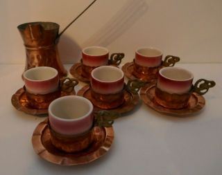 Vintage Set Of Copper Turkish Coffee Set Of 6 Saucers Pot Cups Holders Handmade