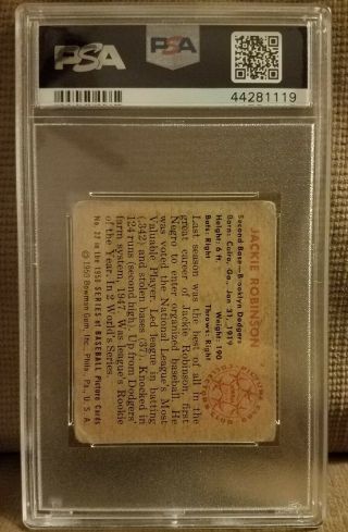 1950 Bowman Baseball Card 22 Jackie Robinson Brooklyn Dodgers PSA 1 PR 2