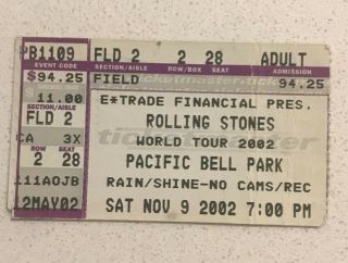 Nov 9 2002 11/9/02 The Rolling Stones World Tour Ticket Stub Pcb Pac Bell Sf Ca