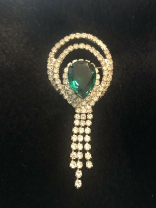 Brooch Holiday Christmas Vintage Emerald Green Color With Clear Crystals Dangle